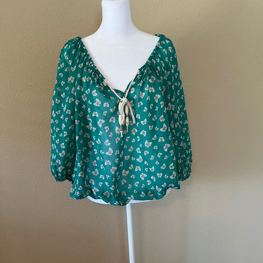 Elegant Teal Women's Blouse with Floral Pattern